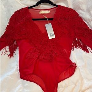 Red Lace Fringe V-Neck Bodysuit